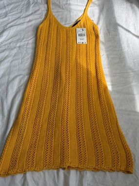 NWT Mango Yellow Knit Crochet Mini Dress Size US 6